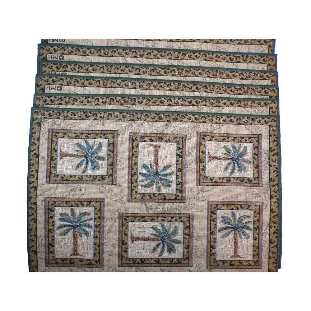 vtg Palm Tree Tapestry‎ Placemats Six Tropical Bombay BeachCore Green trim READ
